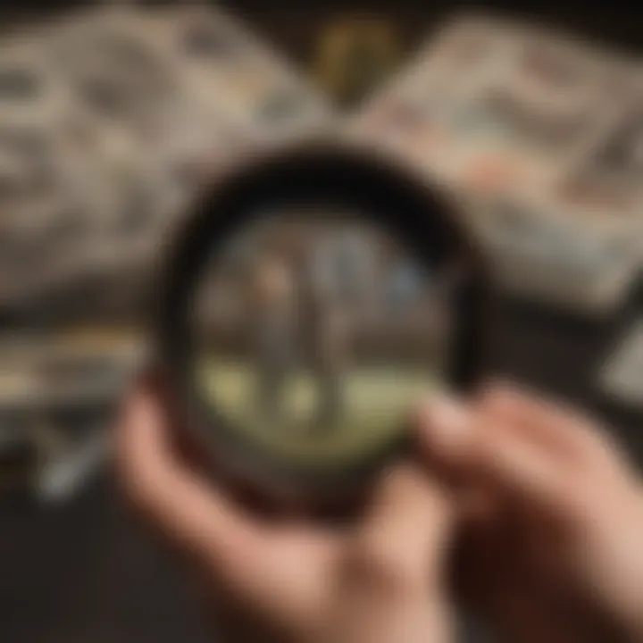 Collector examining a vintage sporting card under a magnifying glass