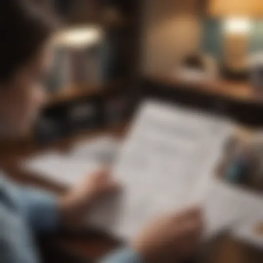 A medical resident reviewing financial documents in a study space.