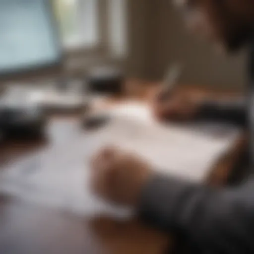 A person examining tax documents at a desk