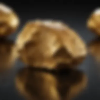 A close-up view of a gold nugget reflecting light